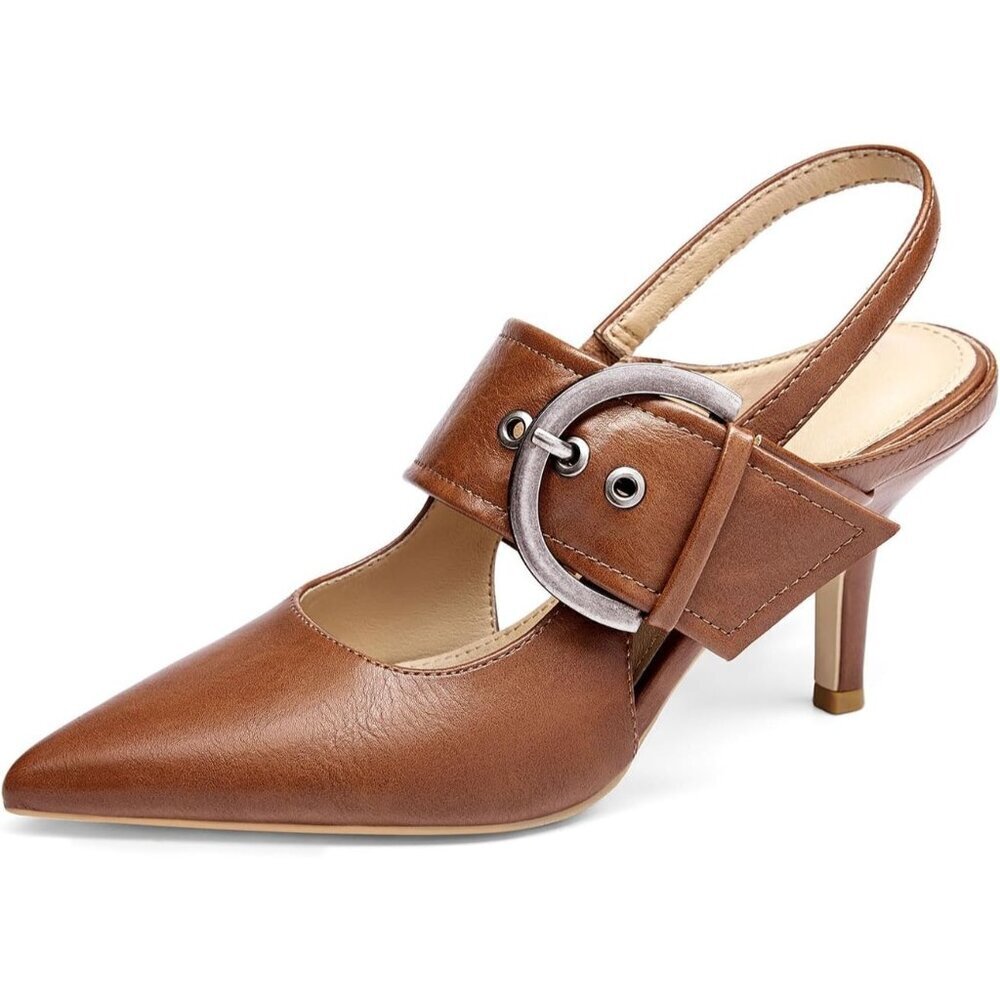 Women's Brown Slingback Pumps Pointed Toe High Heels Belt Buckle Strap Shoes